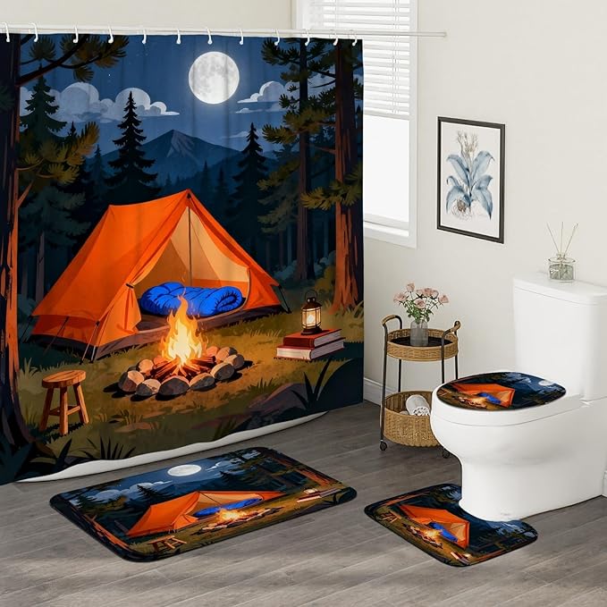 Tent Shower Curtain Sets, Outdoor Adventure Campfire Moon Summer Orange Washable with Hooks Bathroom Cloth Shower Curtain and Rug Set for Bathtub Toile Guest Room Decor 72x72 Inch
