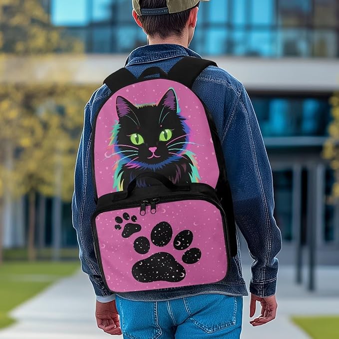 HUGS IDEA Neon Cat School Backpack for Kids 17 Inch Bookbag and Lunchbox for Kids Large School Bags for Girls Lightweight Book Bag for Students Travel Casual Daypack for Camping