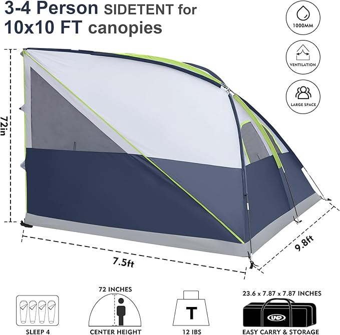 UNP Camping Canopy - Inner Tent - Side Tents - SUV Camping Cube for 10' x 10' Pop Up Canopies (Canopy Pole/Shelter NOT Included) (Dark Blue-Side Tent)