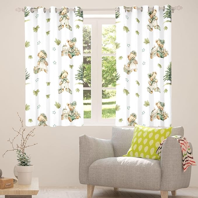 Princess Bears Window Curtain | Coquette Girly Window Treatment Curtain for Women Bedroom Decor,Green Maple Leaf Curtains Cartoon Cakes Gifts Living Room Top 2 Panels,52Wx90L