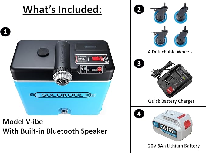 SoloKool Model V-ibe - Injection Molded Cooler, Portable Air Conditioner, & 35 Watt Bluetooth Speaker, 3-in-1 Design
