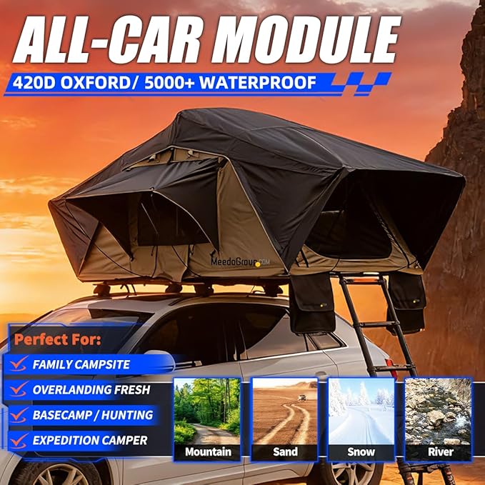 Meedo Apolle A86 M, Soft Shell Rooftop Tent, Fits 2 People, Made with Waterproof Material and a Rainfly-Fold Design, Clamshell Army Green Roof top Tent for Overlanding Hunting, Ladder Included