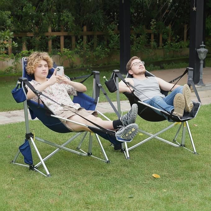 Romswi 2Pk Aluminum Hammock Camping Chair with Footrest, Oversized Portable Swinging Chair with Adjustable Back & Seat, Lightweight Folding Rocking Camp Chair Supports 440lbs for Outdoor, Patio Blue
