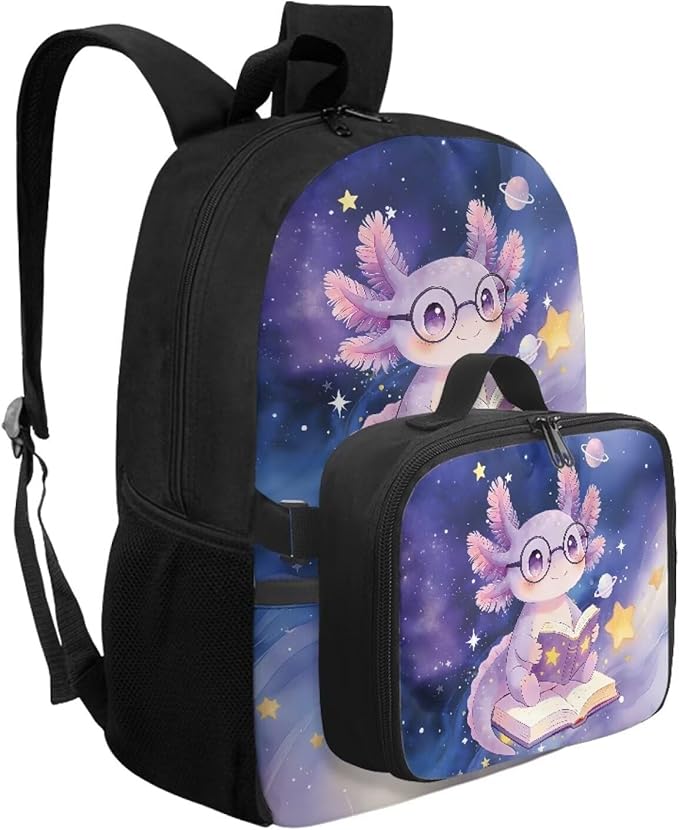 HUGS IDEA Reading Axolotl Girls Backpack and Lunch Bag School Bookbag for Elementary Pink School Bag Set for Girls 6-8 Lightweight Book Bag with Lunchbox Children Backpacks