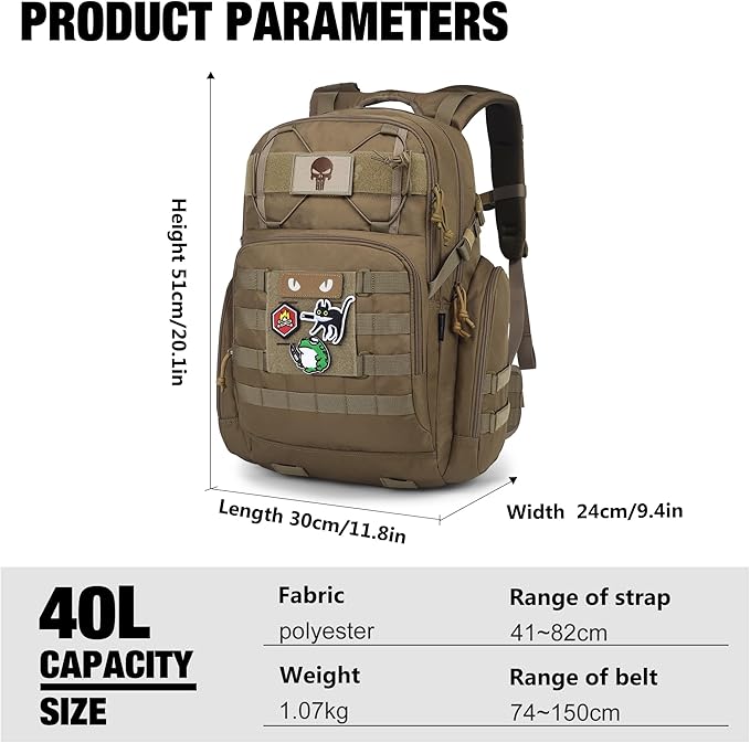 Mardingtop Military Tactical Backpack for Men 40L Molle Rucksack EDC Daypack for Hiking,Travel,Camping, Hunting(With 10Pcs Patches and 3Pcs Buckles)