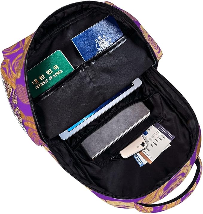 Men Women Lightweight Purple Gold Rose Art Backpack Large Capacity Carry On Bag With Padded Straps for Sports Work Walking Cycling