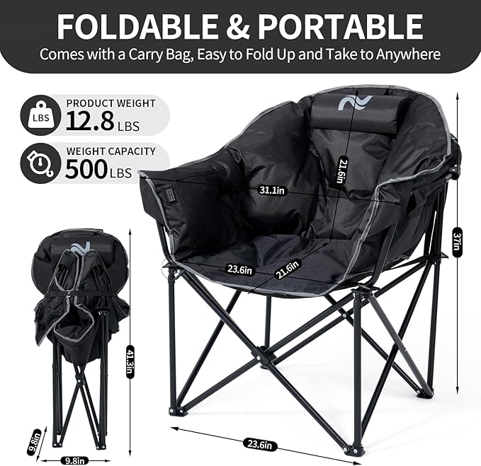 Oversized Heated Camping Chair, 3 Heating Levels Soft Padded Camp Lawn Chair with Pillow and 20000mAh Battery, Portable Heated Folding Chairs Outdoor Sports for Patio and Picnics, Black