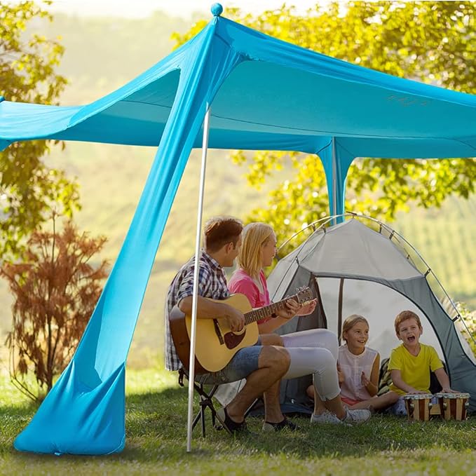 Family Beach Tent with 4 Aluminum Poles, 10x10 FT, with A Floor Mat, UPF50+ Portable Sun Shelter with Reinforced Corners, Outdoor Sunshade for Beach, Camping Trips, Backyard Fun or Fishing
