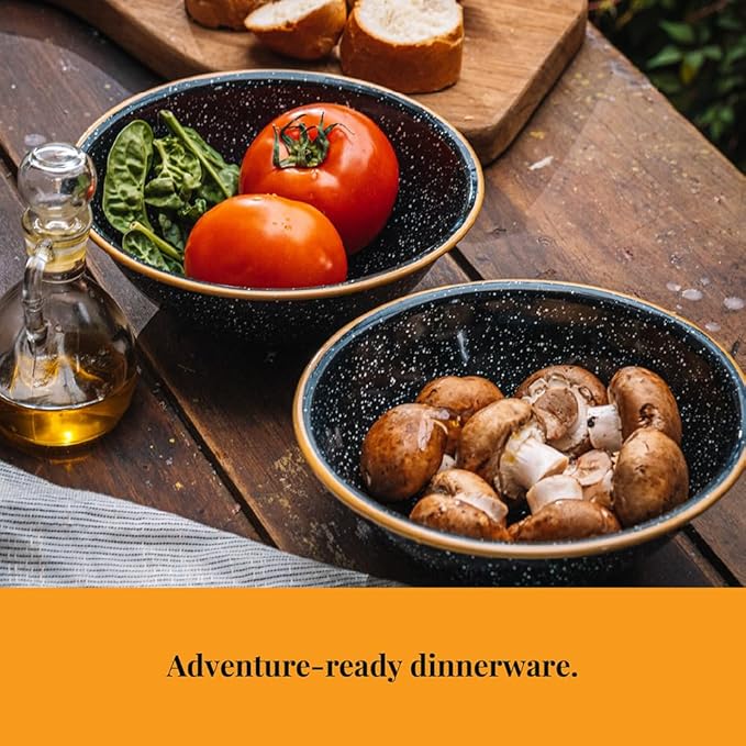 Granite Ware 12-Piece Outdoor Set, Enameled Steel, Perfect for Camping & Picnics - Speckled Black with Color Rim