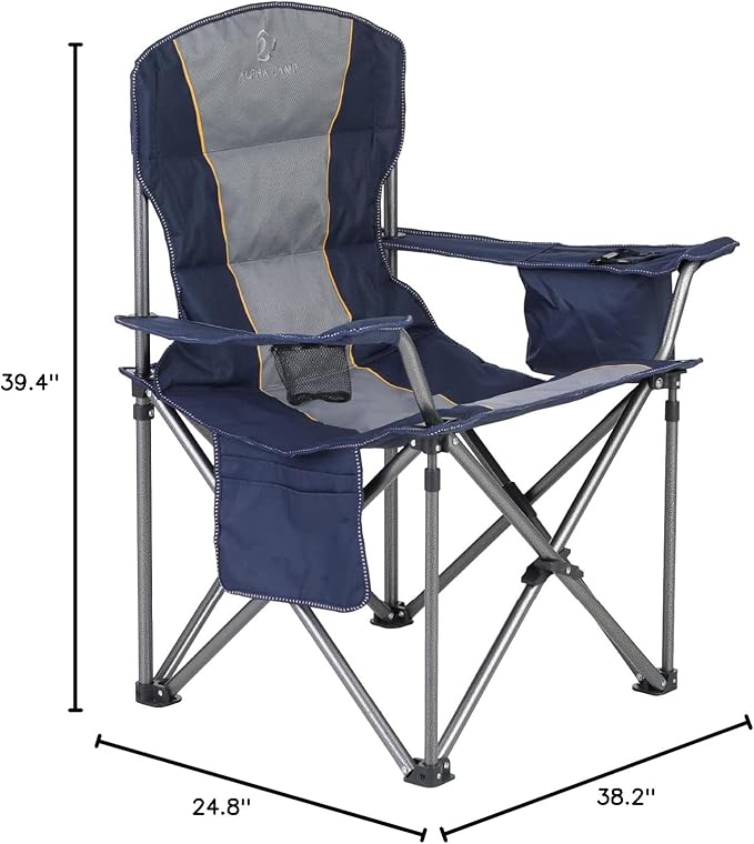 HIGH POINT SPORTS Oversized Portable Folding Camping Chair, Blue, 450 LBS Support, Sports Lawn Chair with Cup Holder and Cooler Bag