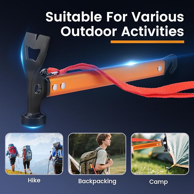 2Pack Aluminium Camping Hammer With Hook 3-In-1 Carbon Steel 12" Tent Stake Hammer Small Lightweight Portable Multifunctional Tent Stake Puller For Camping Hiking Outdoor Orange