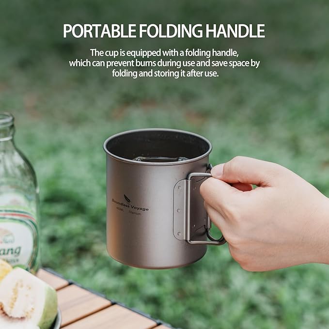 iBasingo Titanium Mug 200ml & 300ml & 450ml Backpacking Tea Coffee Water Cup with Lid & Foldable Handle Outdoor Camping Pot Ultralight Portable Hiking Picnic Cooking Kit Ti3046D