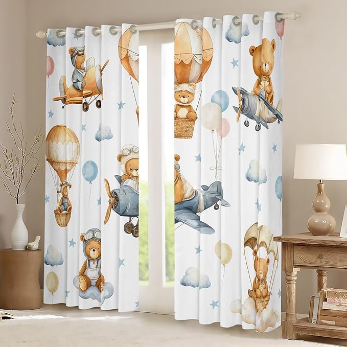 Cartoon Aircraft Window Curtain | Kids Airplane Window Drapes for Boys Bedroom Decor,Adventure Bears Blackout Curtains Clouds Stars Balloon Living Room Top 2 Panels,42Wx63L