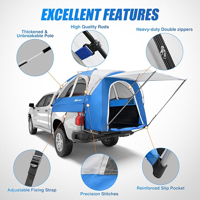 Nilight Truck Bed Tent 5.0-5.5FT Pickup Truck Tents with Removable Awning Waterproof PU2000mm Double Layer Rainfly Storage Bag 2-Person Sleeping Tailgate Bed Tents for Camping Travel Outdoor,Blue Grey