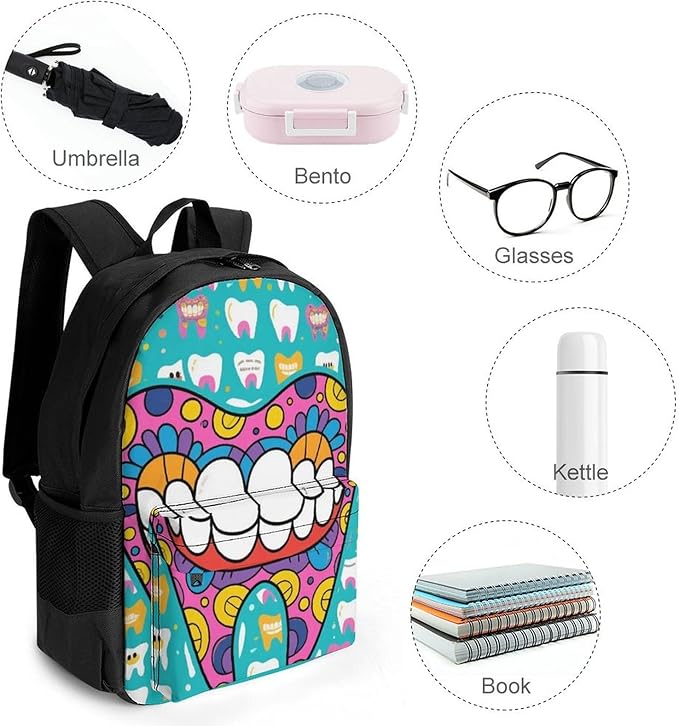 Daypack Bookbag Anti-Theft Multipurpose Large Capacity Bookbag, Funny Teeth Dental Art Travel Hiking Camping Rucksack With Adjustable Shoulder Straps