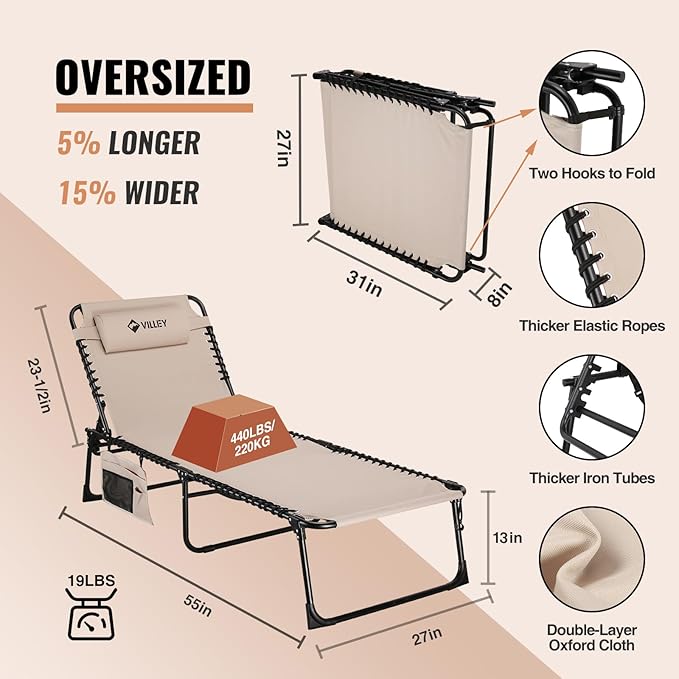 VILLEY Oversize Chaise Lounge Outdoor, Heavy-Duty Folding Lounge Chair for Outside, Portable Trifold Beach Lounger with 5 Adjustable Positions for Outdoor, Patio, Beach, Lawn, Backyard, Camping -Beige