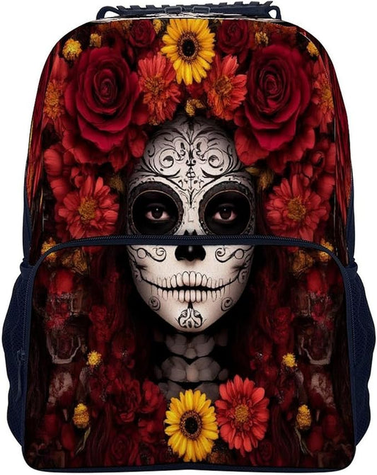 Lightweight Daypack Backpack for Sports Travel Running, Large Capacity Multipurpose Anti-Theft Bookbag, Mexican Day Of The Dead Sugar Skull Floral Women Art Laptop Backpack Daypack