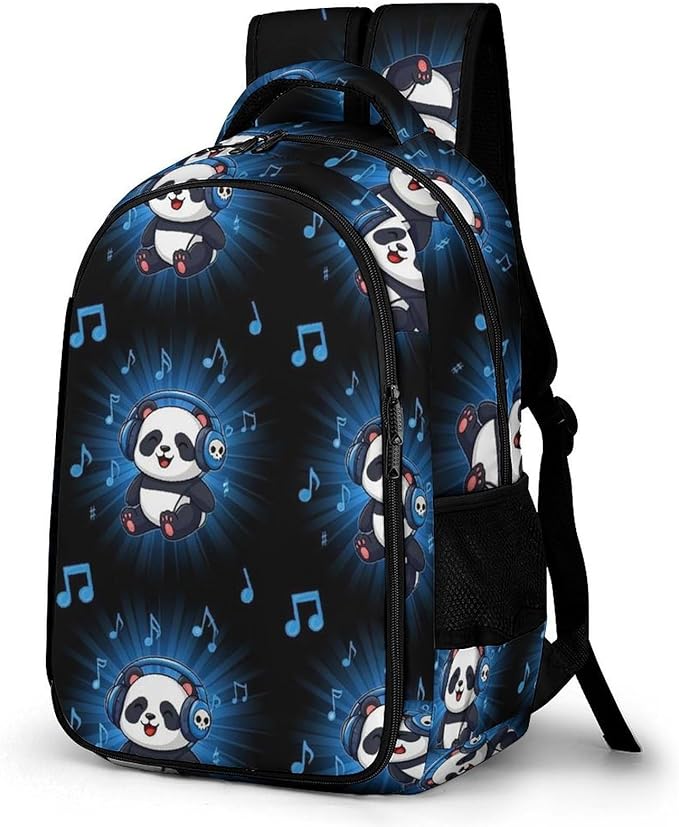Waterproof Hiking Backpack Panda Animal Headphones Music, Anti Theft Travel Laptop Rucksack with Multi Compartments for Men Women Outdoor Sports