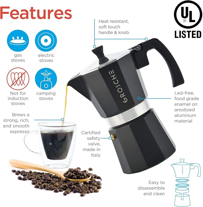 GROSCHE Milano Stovetop Espresso Maker Moka pot 12 espresso Cup - 23.6 fl oz, Black, Cuban Coffee Maker Stove top coffee maker Moka Italian espresso greca coffee maker brewer percolator