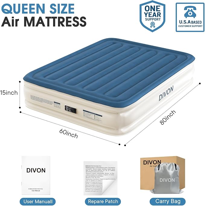 DIVON Air Mattress Queen with Built in Pump,15''High Inflatable Mattress,Quick Blow Up Mattress in 3 Mins,Upgraded Air Bed for Home, Guests & Camping,660lbs