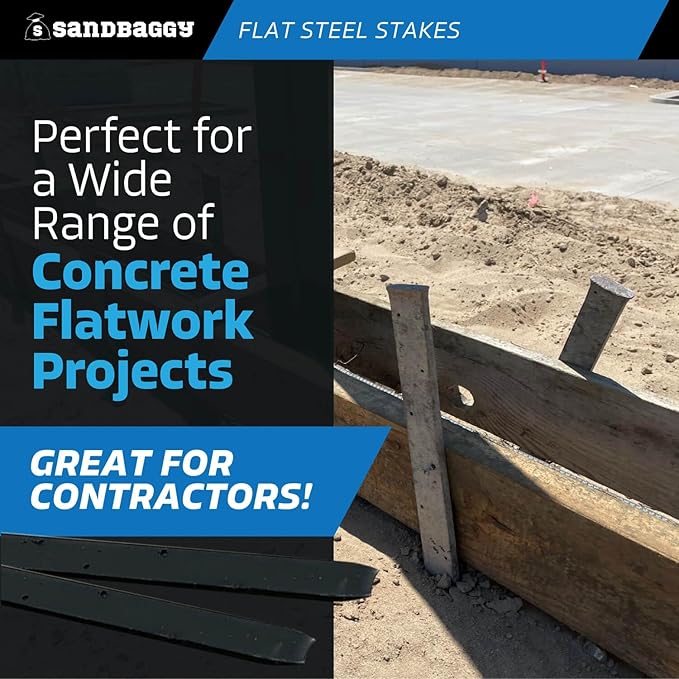 Sandbaggy Flat Steel Stakes for Concrete Forms with Nail Holes - 1.5" Wide - Painted - Removable, Reusable, V Point End - Construction Grade Stakes (10, 30 inch)