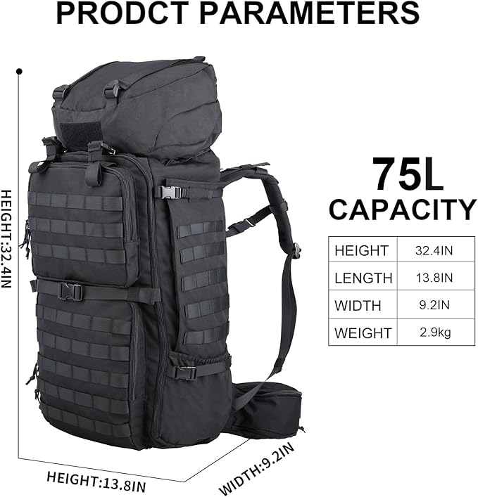 Zsearaymy 75L Hiking MOLLE Backpack with Internal Frame & Rain Cover for Tactical, Camping, Backpacking, Survival Travel (Black)