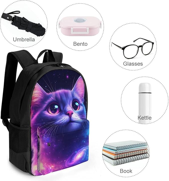Supdreamc Lightweight Rucksacks for Climbing Outdoors Walking Cycling, Large Capacity Anti-Theft Multipurpose Carry On Bag, Funny Purple Galaxy Cat Camping Outdoor Backpack