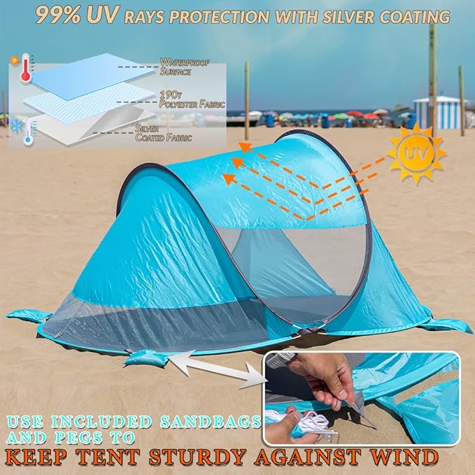 Zento Deals Large Instant Pop Up Beach Tent - 3-4 Person Sun Shade Shelter with UV Protection - Tent with Carry Bag for Outdoor Activities - Easy Setup Windproof Waterproof Beach Canopy Cabana