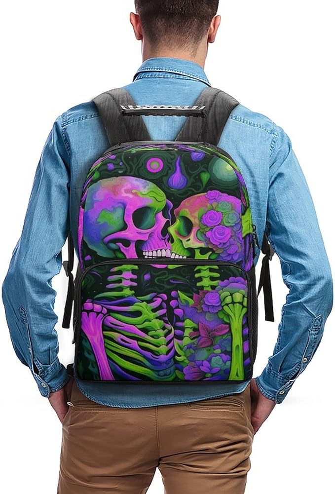 Lightweight Daypack Backpack for Sports Travel Running, Large Capacity Multipurpose Anti-Theft Bookbag, Skeleton Love Kiss Colorful Art Laptop Backpack Daypack