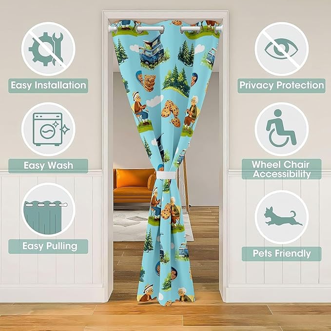 Camper RV Trailer Kids Door Curtain,Cloud Pine Tree Rustic Farmhouse Blackout Curtain,Picnic Happy Camping Holiday Bedroom Doorway Living Room Decor,Blue Green Privacy Door Drape 1 Panel,60" W X 80" L