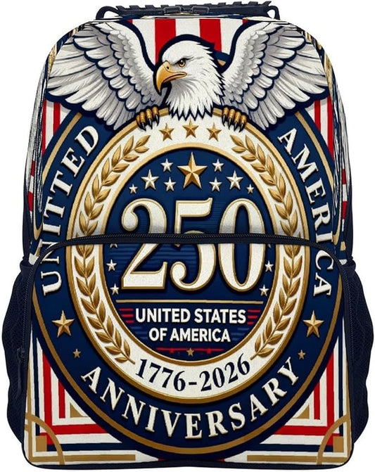 Women Men Polyester 250th Anniversary 1776-2026 Patriotic Eagle Art Casual Daypack Large Capacity Bookbag With Side Pockets for Sports Picnic Walking Cycling
