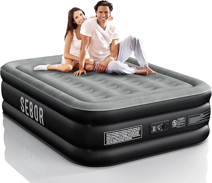 Sebor Air Mattress Full with Built-in Pump 18", Comfortable Self-Inflating Air Mattress with High-Speed Pump, Durable Blow Up Mattress Full with Storage Bag for Guests, Camping, Travel