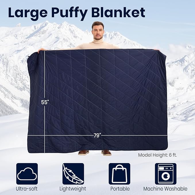 Outdoor Puffy Blanket, Reversible Warm Camping Blanket, Water-Resistant, Packable, Lightweight, Camping Quilt, for Stadium, Backpacking, Hammock, Picnic. 79"x55". Royal Blue