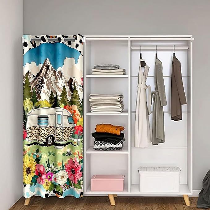 Happy Camping Doorway Curtains Privacy for Women - Colorful Spring Floral Blackout Curtain Retro Leopard Print RV Camper Closet Door Curtain Wild Cheetah Skin Pattern Room Divider Drape 52"W x 80"L