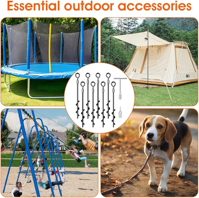 Ground Anchors, Trampoline Anchor Heavy Duty Screw in Ground Anchors 8Pack，Tent Stakes for Camping Tent, Trampoline, Canopies, Carports, Sheds, Swing Sets,14in Ground Stakes for High Winds