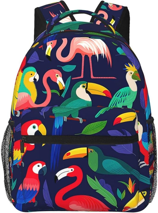 Rucksack Multipurpose Anti-Theft Big Capacity Shoulder Bag, Exotic Birds Parrot Flamingo Art Travel Hiking Camping Rucksack With Side Pockets
