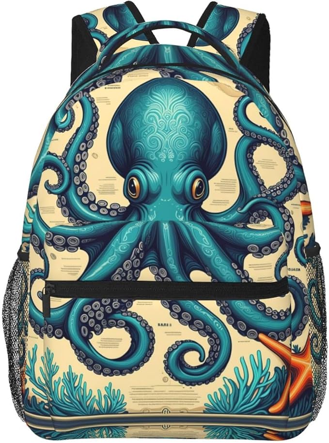 Men Women Polyester Retro Octopus Art Daypack Bookbag Big Capacity Shoulder Bag With Padded Straps for Climbing Travel Walking Cycling