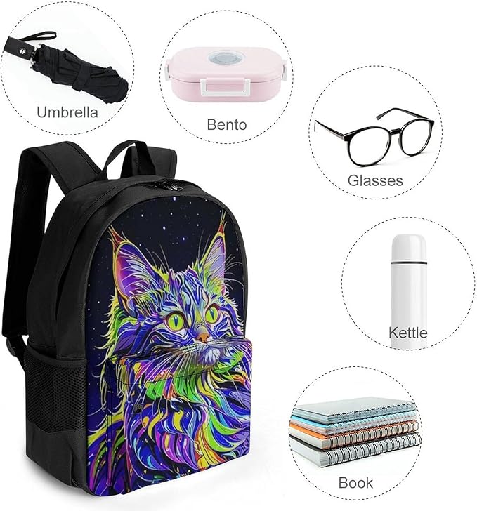 Supdreamc Rucksack Multipurpose Anti-Theft Big Capacity Shoulder Bag, Colorful Trippy Cat Art Travel Hiking Camping Rucksack With Side Pockets