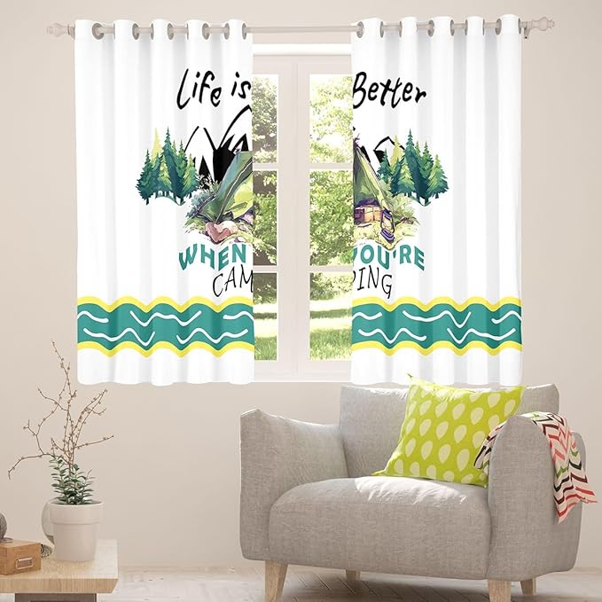 Happy Camping Adventure Blackout Curtains,Tent Pine Tree Nature Rustic Blackout Curtains,RV Trailer Camper Outdoor Boys Girls Room Decor,Green White 2 Panels,52Wx90L inch