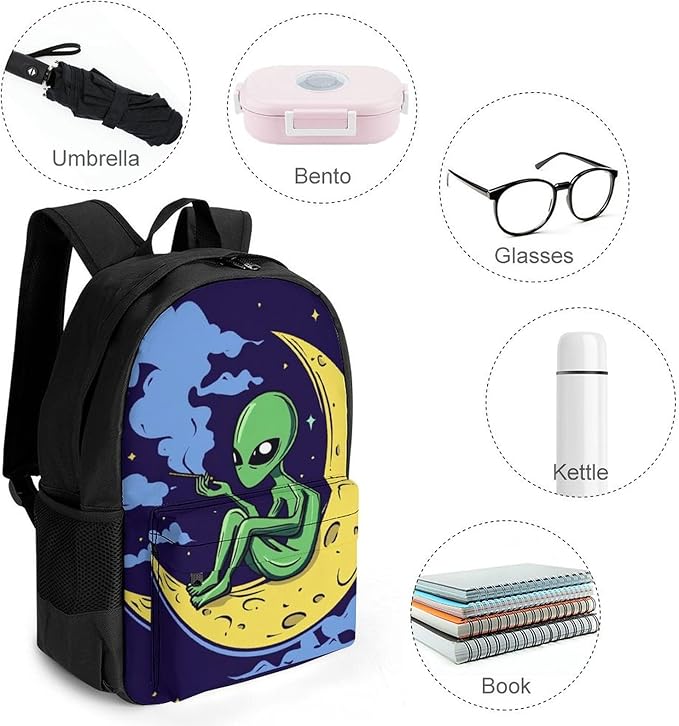 Supdreamc Rucksacks Lightweight Multipurpose Anti-Theft Funny Alien Moon Sky Shoulder Bag Big Capacity Laptop Book Bag Rucksack With Padded Straps