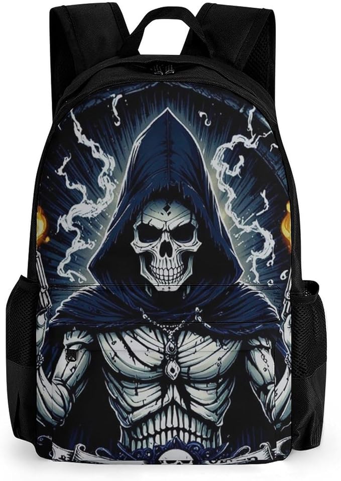 Men Women Lightweight Skull Fire Backpack Large Capacity Bookbag With Smooth Zippers for Gym Business Running