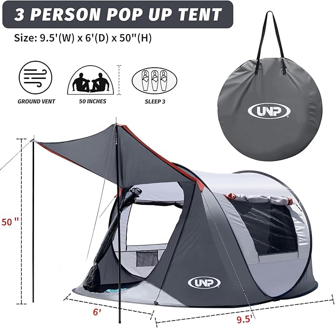 Pop-up Tent, 3 Person Camping Tent, Instant Portable Beach Tent, Easy Pop Up Shade Tents 2 Doors for Camping Hiking & Traveling with Carrying Bag