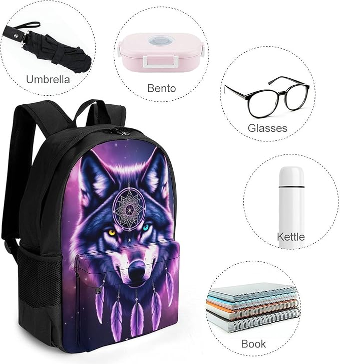 Supdreamc Lightweight Daypack Backpack for Sports Travel Running, Large Capacity Multipurpose Anti-Theft Bookbag, Dream Catcher Wolf Space Fantasy Laptop Backpack Daypack