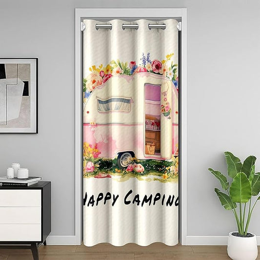 Happy Camping Adventure Door Curtain,RV Trailer Cartoon Camper Blackout Curtain,Rose Flowers Leaf Rustic Nature Bedroom Doorway Living Room Decor,Pink Beige Privacy Door Drape 1 Panel,52" W X 80" L