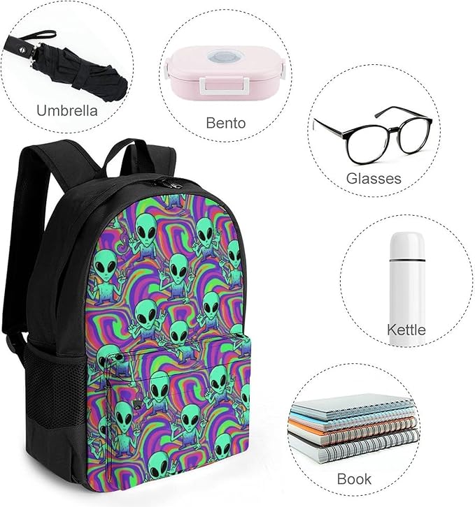 Lightweight Daypack Backpack for Trekking Work Running, Big Capacity Multipurpose Anti-Theft Bookbag, Cool Alien Tie Dye Business Computer Bag