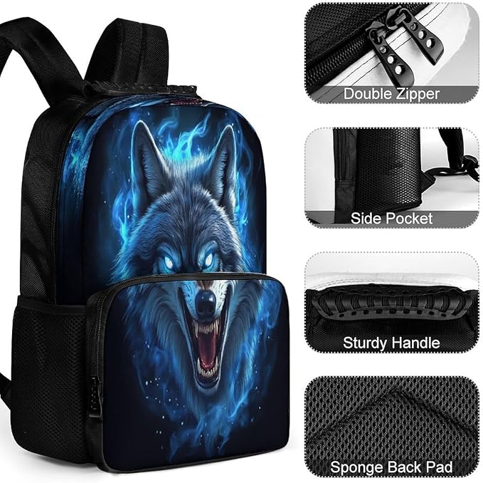 Men Women Polyester Blue Fire Flame Wolf Daypack Big Capacity Shoulder Bag With Smooth Zippers for Hiking Work Walking Cycling