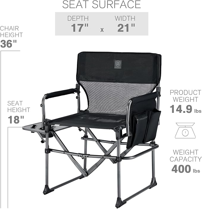 EVER ADVANCED Camping Directors' Chair with Side Table, Portable Folding with Compact Size, Breathable & Quick Dry Design Heavy Duty Lawn Chair with Pocket, 400lbs, Textilene Mesh, Black
