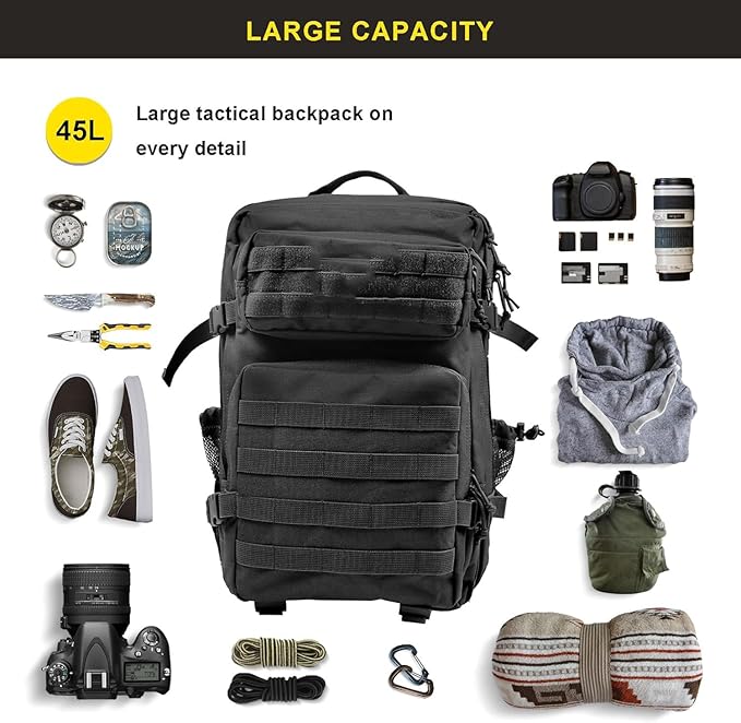 Zavothy 45L Military Tactical Backpack, Army 3-Day Assault Pack Bug Out Bag for Hiking Camping | Army, Bag, Large Rucksack, with Molle System