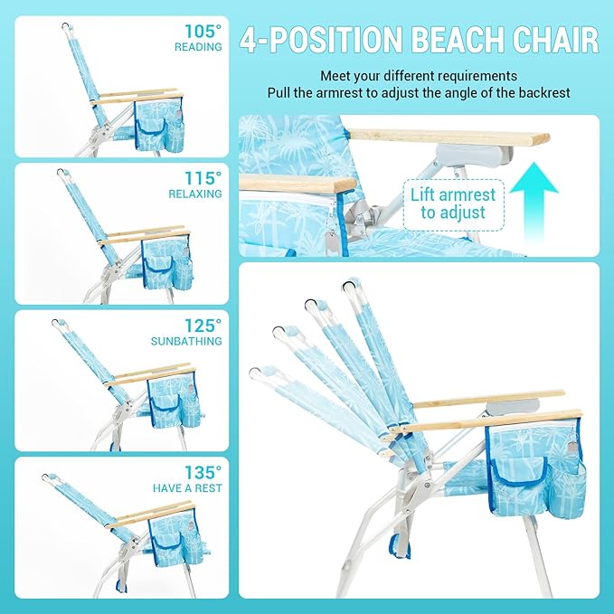 #WEJOY Folding Beach Chair for Adults, 4-Position Aluminum Lightweight Beach Chair, Low Sands Chairs with Shoulder Strap, Cup Holder and Padded Headrest, Supports 265lbs for Lawn