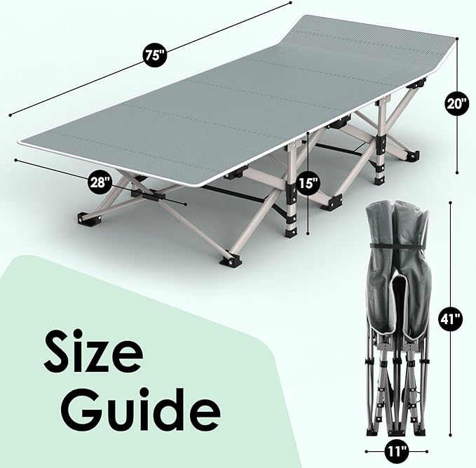 Suteck Camping Cot, Folding Camping Cot Bed for Adults Sleeping 1200D Double Layer Oxford Portable Folding Outdoor Cots for Camping W/Soft Pad Carry Bag for Home Office Nap Beach Travel